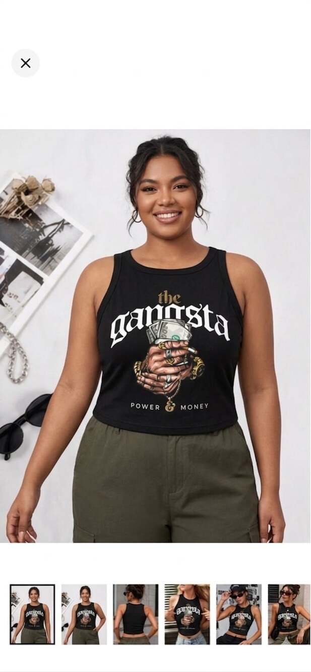 XL Black Graphic Crop Tank Top with 'The Gangsta' Print